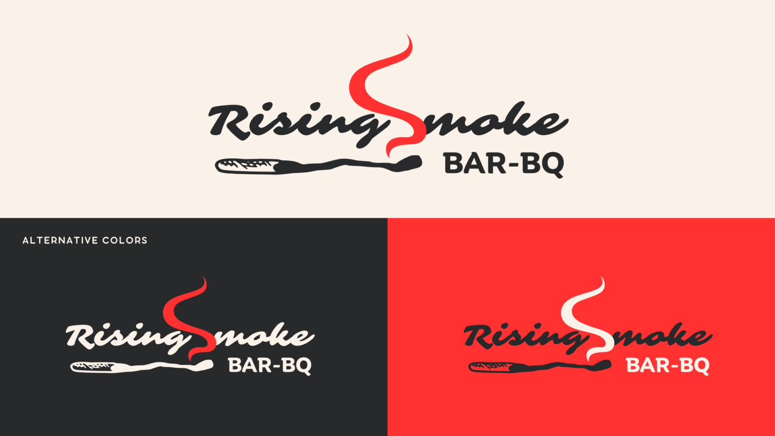 Three variations of the Rising Smoke Bar-BQ logo, showing alternate colorways.