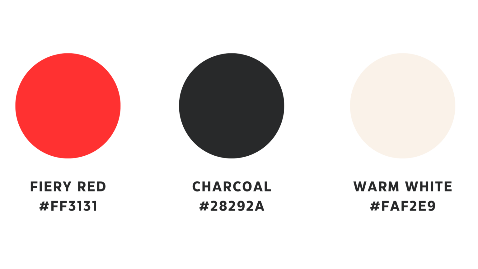 the 3 brand colors, displayed as round swatches in red, charcoal, and warm white.